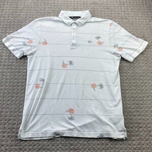 Travis Mathew Golf Shirt Men Medium M White Gray Stripe Pam Trees All Over Print